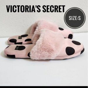 Victoria's Secret Signature Satin Slippers Pink/Black Polka Dot with Fau…